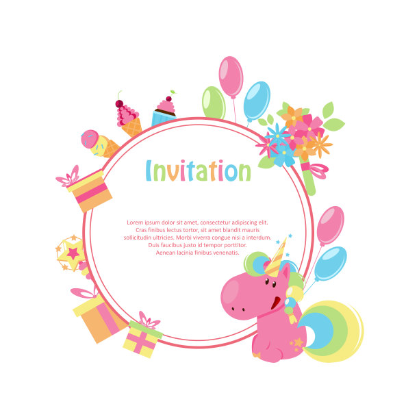 矢量插图与扁平独角兽。圆形框架的简单的花。气球，礼物，鲜花和蛋糕。现代的生日或促销邀请函。图片下载