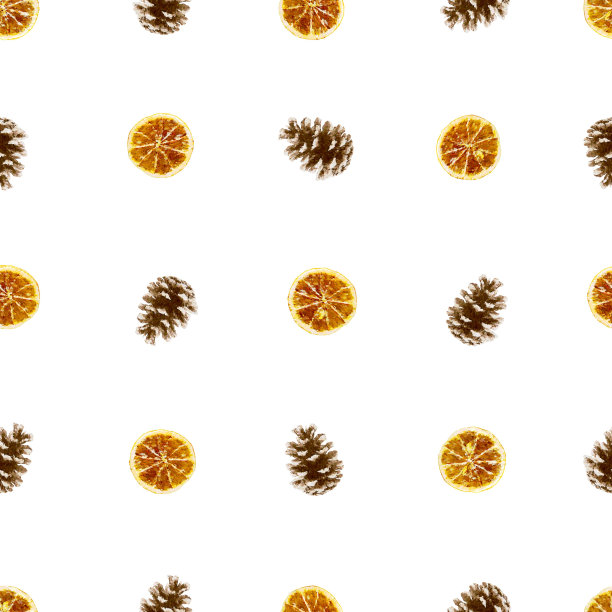 白色背景上有松果和柑橘片的无缝图案。节日肌理为包装，别具一格的家居设计。图片下载
