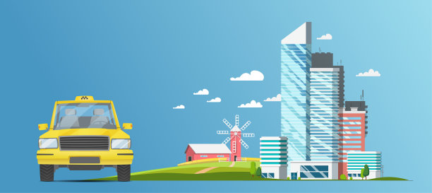 黄色出租车的背景是城市和乡村。图片下载