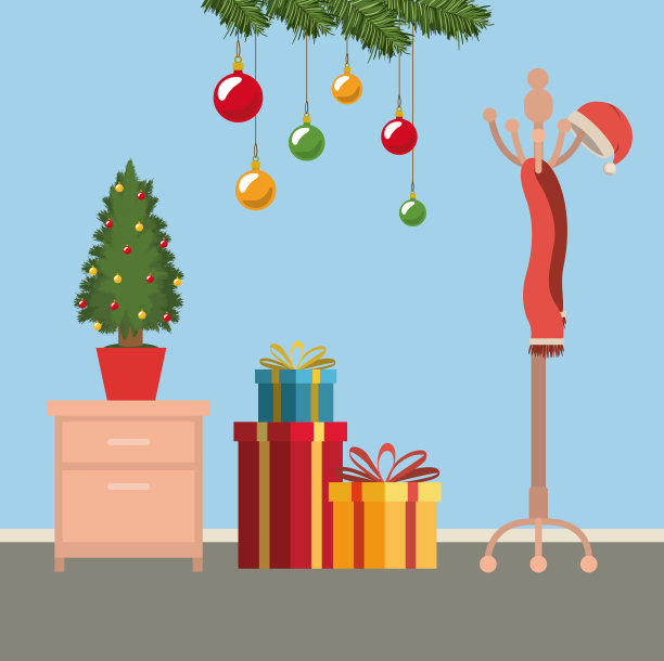 圣诞场景有文件柜和小圣诞树在花盆和礼物图片下载