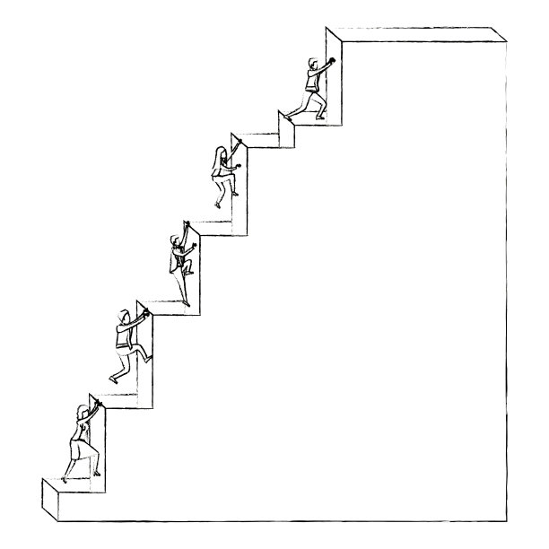 商务人士爬上楼梯，楼体结构与灯泡在顶部模糊的剪影单色图片下载