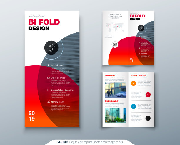三折宣传册设计。业务模板三折传单。布局与现代圆照片和抽象背景。有创意的折叠传单或宣传册概念。图片下载