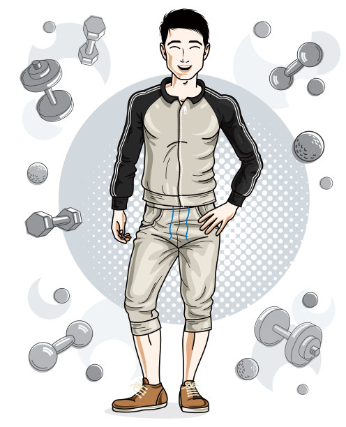 英俊的黑发青年是站在简单的背景与哑铃和杠铃。矢量插图的运动员。积极健康的生活方式主题卡通。图片下载