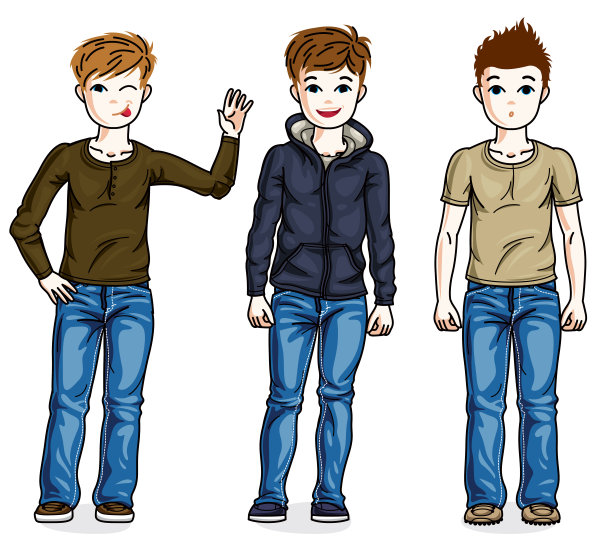 快乐的少年男孩摆造型在时尚的休闲衣服。矢量集美丽的孩子插图。童年和家庭生活漫画。图片下载