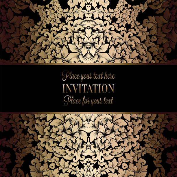 矢量豪华树叶与金色花卉复古图案横幅，墙纸，请柬，小册子。模板为婚礼邀请设计或背景。图片下载