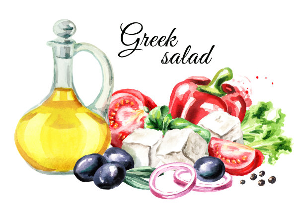 希腊沙拉配料。水彩手绘插图，孤立的白色背景图片下载