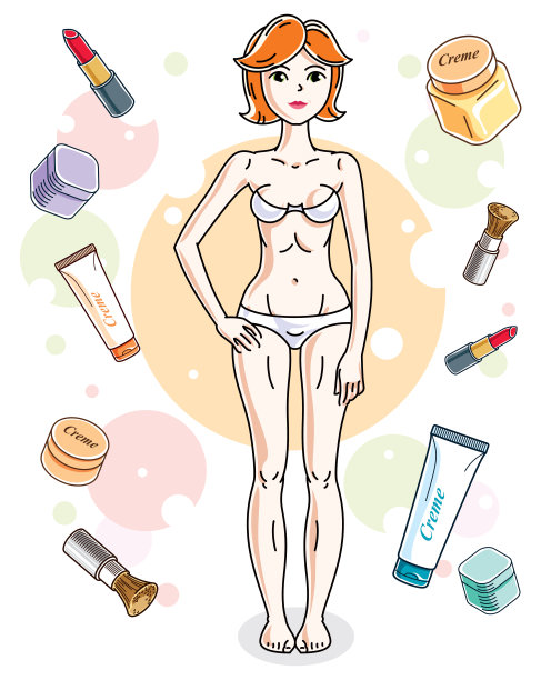 美丽的红发女人成年穿着白色胸罩和内裤，站在背景与化妆品配件。矢量吸引女性插图。魅力生活主题卡通。图片下载
