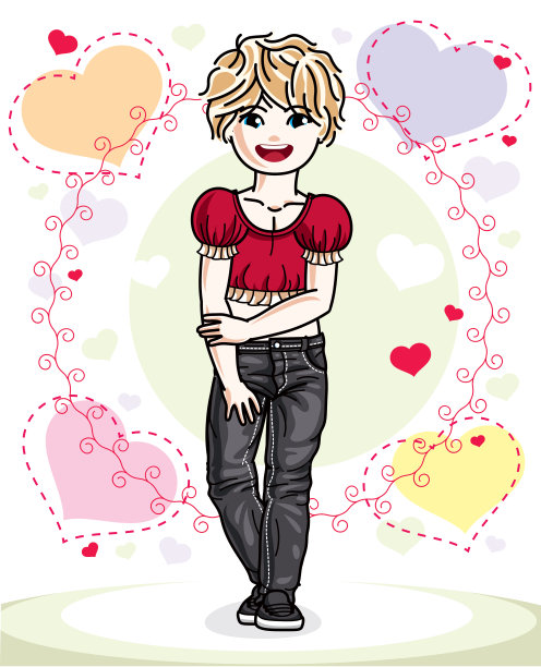 美丽的金发小女孩穿着休闲的衣服和站在多彩的背景与爱心。矢量插图。图片下载