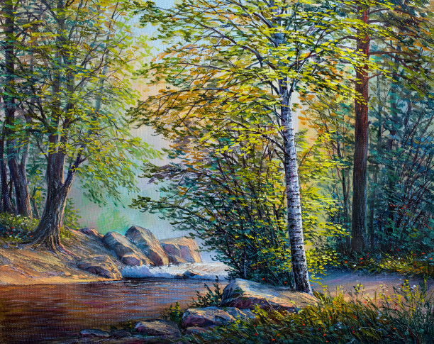 油画风景：夏日森林素材图片