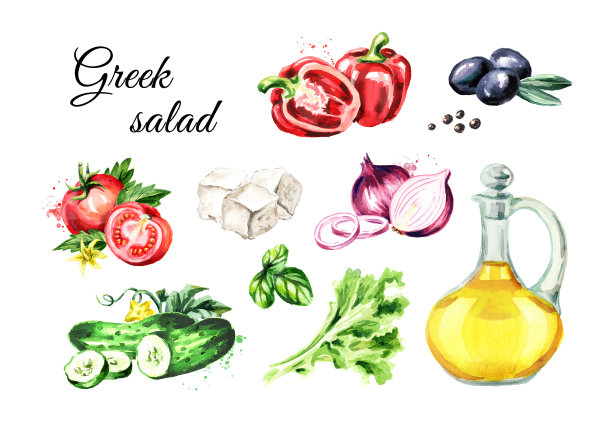 希腊沙拉配料集。水彩手绘插图，孤立的白色背景图片下载