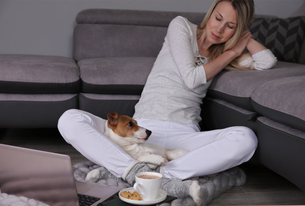 女人在舒适的家里穿着放松在家里，喝可可，使用笔记本电脑。柔软、舒适的生活方式。图片下载