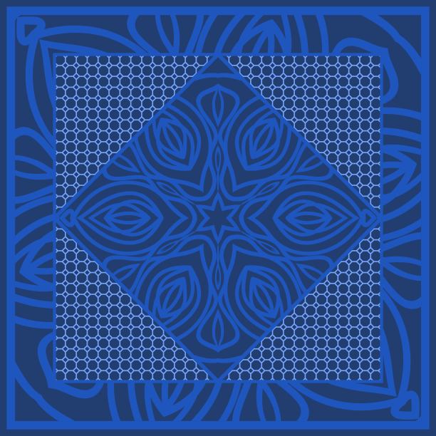 蓝色手帕印花与花砖图案的风格。枕头，地毯，地毯的设计。矢量图图片下载