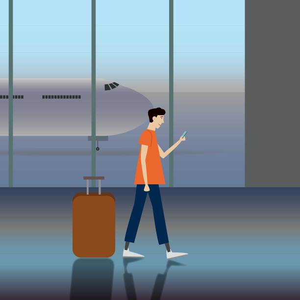 矢量插图的一个人提着一个行李在机场图片下载