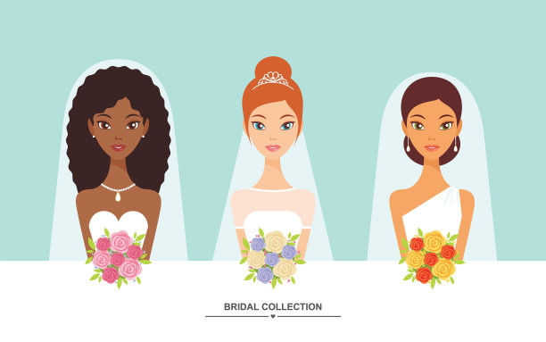 年轻美丽的新娘与各种肤色和发型矢量插图图片下载