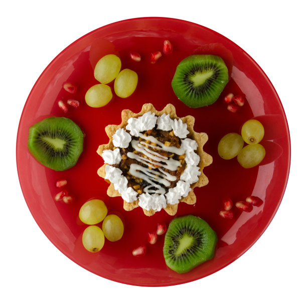 蛋糕和水果甜点(葡萄、猕猴桃、石榴)图片下载