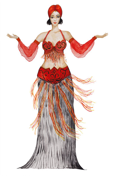 水彩肖像的亚洲舞者在红色的衣服图片下载