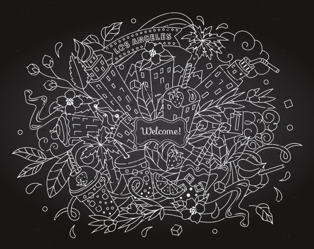 饮料+摩天大楼。详细说明在黑板上。洛杉矶城市天际线。下午茶时间涂鸦。黑色+白色图片下载