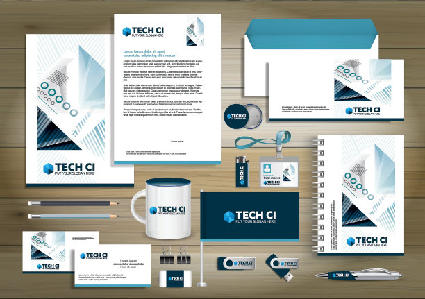 企业形象模板设计矢量抽象文具，礼品彩色促销纪念品等元素。链接数字技术集，图片下载