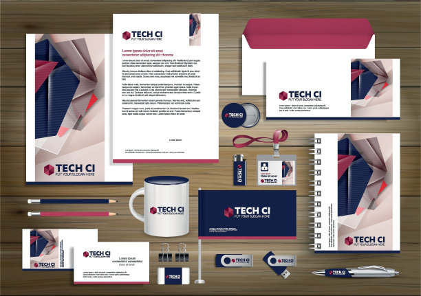 企业形象模板设计矢量抽象文具，礼品彩色促销纪念品等元素。链接数字技术集，图片下载