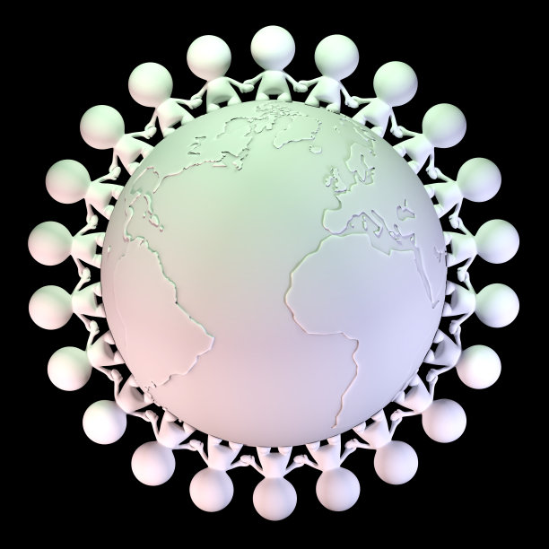 许多可爱的白色人类角色牵着一个程式化的地球(3d插图孤立在黑色背景上)图片下载