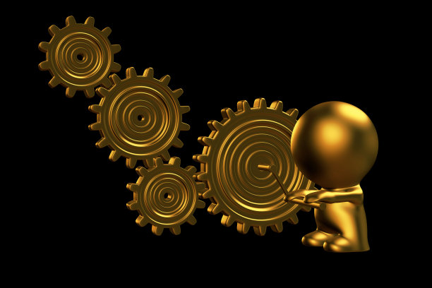 金色齿轮装置的人(黑色背景上的3d插图)图片下载