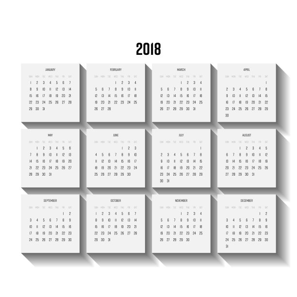 矢量历法- 2018年。一周从星期天开始。矢量插图与长阴影效果图片下载