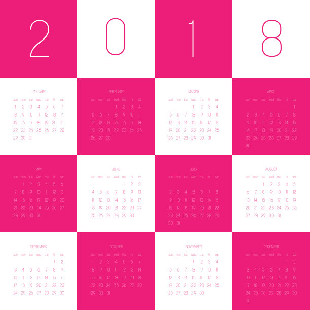 矢量历法- 2018年。一周从星期天开始。简单的平面矢量插图在粉红色和白色图片下载