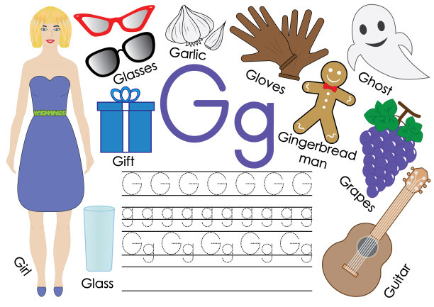 字母G.英语字母表。写作练习。儿童教育游戏。图片下载