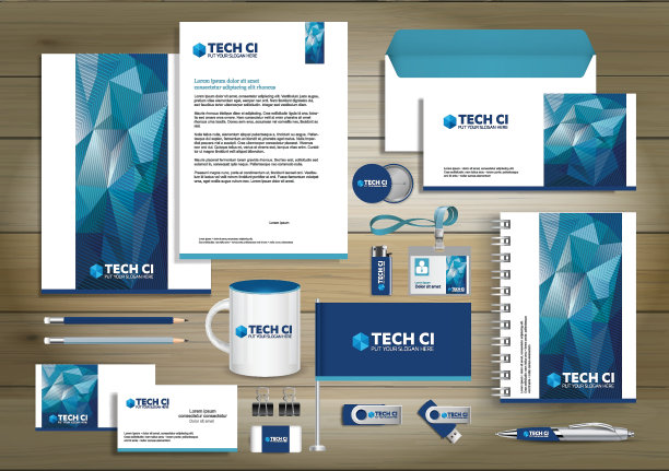 企业形象模板设计矢量抽象文具，礼品彩色促销纪念品等元素。链接数字技术集，图片下载