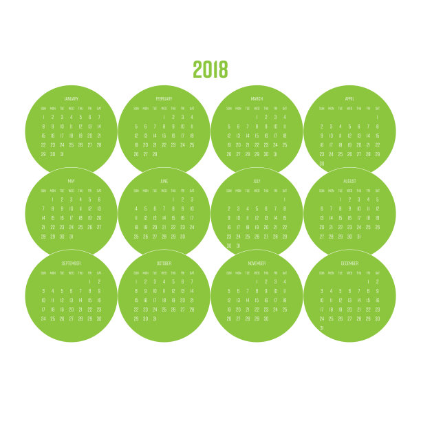 2018年日历以绿色圆圈为设计元素。一周从星期天开始。简单的平面矢量图图片下载