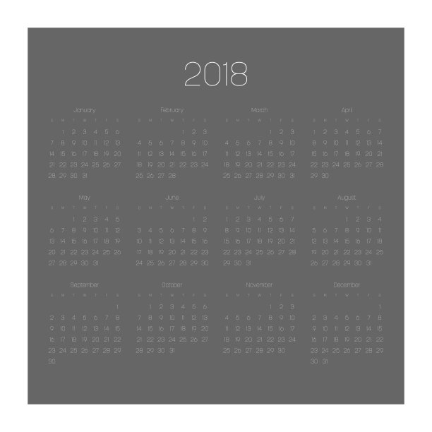 矢量历法- 2018年。一周从星期天开始。简单的平面矢量插图与白色数字和字母在深灰色的背景图片下载