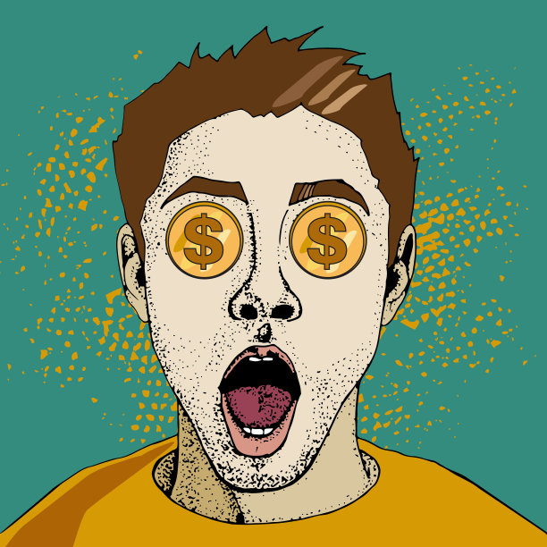 哇，波普艺术脸。对货币美元商人的财务监控。年轻人惊讶地张着嘴。矢量插图在复古漫画风格。丰富多彩的波普艺术背景。图片下载