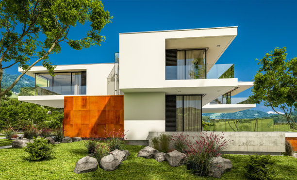 河边现代舒适住宅的3d渲染图片下载