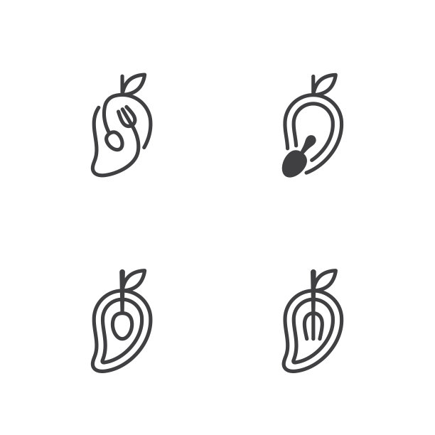 芒果水果与勺子和叉子图标轮廓描边设置设计插图黑白颜色孤立在白色背景，矢量eps10图片下载