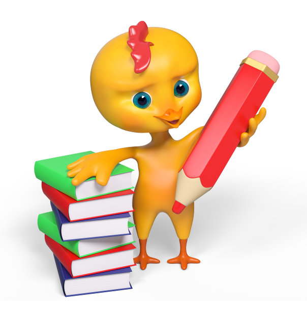 有趣的小鸡角色与红铅笔和书孤立的3d渲染图片下载