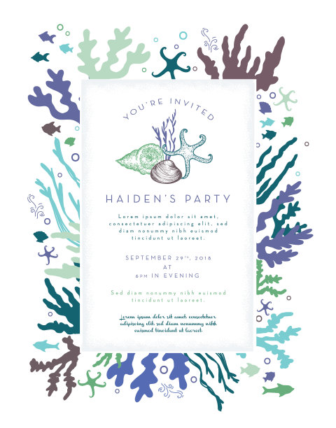 珊瑚植物和鱼类派对邀请版面设计模板图片下载