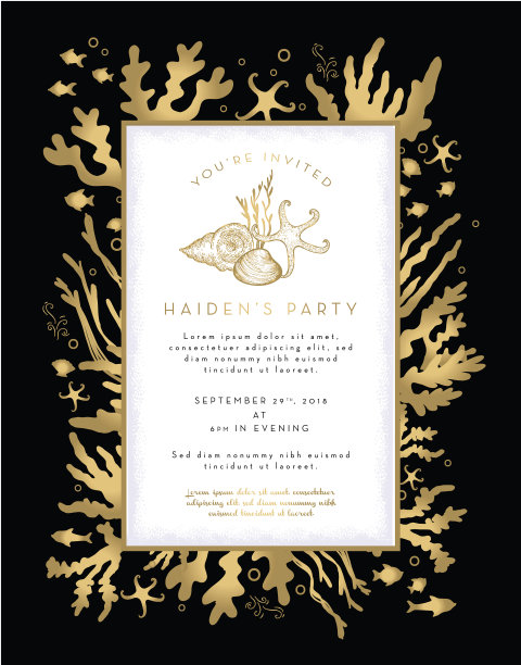 珊瑚植物和鱼类派对邀请版面设计模板图片下载