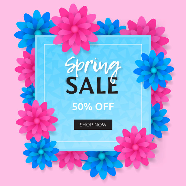 春季销售横幅上有蓝色和粉红色的花。时尚矢量设计的海报或折扣卡。图片下载
