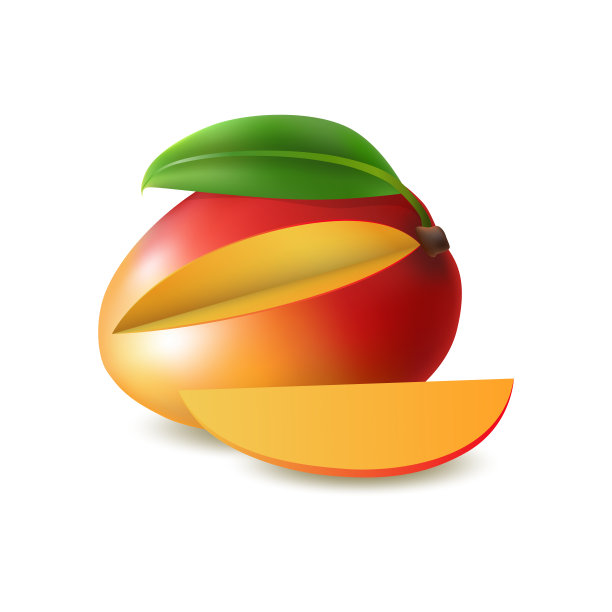 孤立的真实彩色的整个多汁的红色芒果与树枝和绿色的叶子，切片与阴影在白色的背景。色彩斑斓的侧视图。素材图片