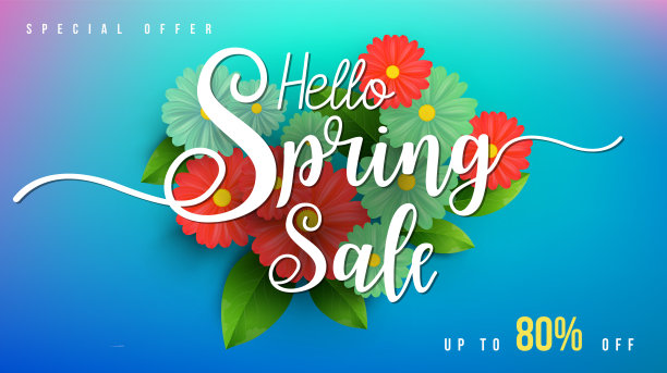 绿色的叶子和五颜六色的花朵的春季销售横幅。矢量设计为您的贺卡，传单，网络横幅，邀请，海报，小册子，横幅，日历，春季销售。图片下载