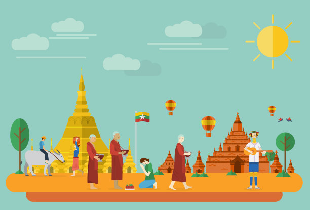 缅甸地标和图标的扁平风格插画（矢量图）素材图片