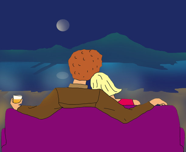 一对夫妇坐在沙发上欣赏夜景，面朝大海图片下载