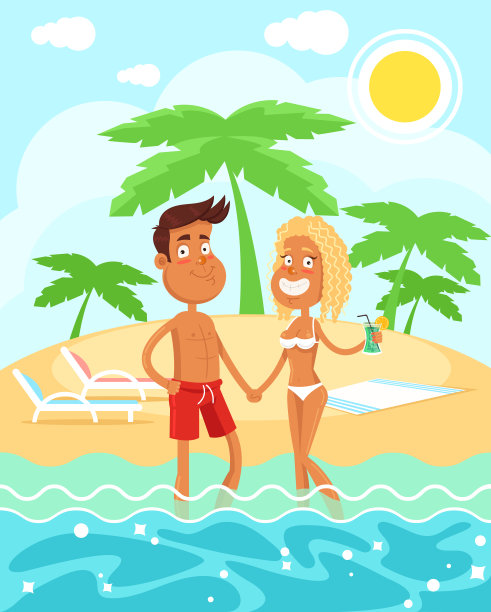 一对情侣在海滩上喝着鸡尾酒享受假期，夏季度假概念图片下载