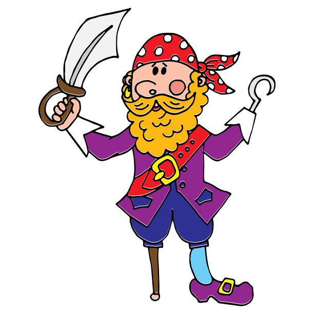 一个卡通海红色头发的海盗，拿着一把刀和一条木腿。矢量插图。孤立在白色背景上。适合制作海盗派对的邀请函和海报。图片下载