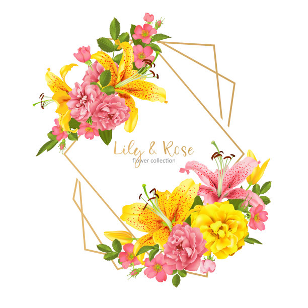 玫瑰和百合的婚礼请柬。向量的名片。素材图片