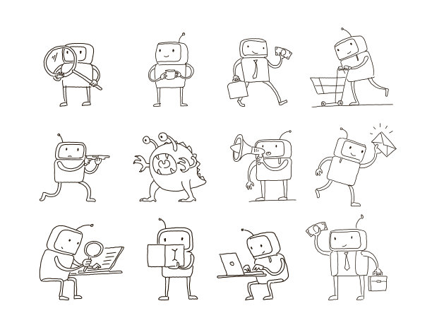 Sketch robot set alien character with business mail search money。不同的情况。手绘黑线矢量插图图片下载