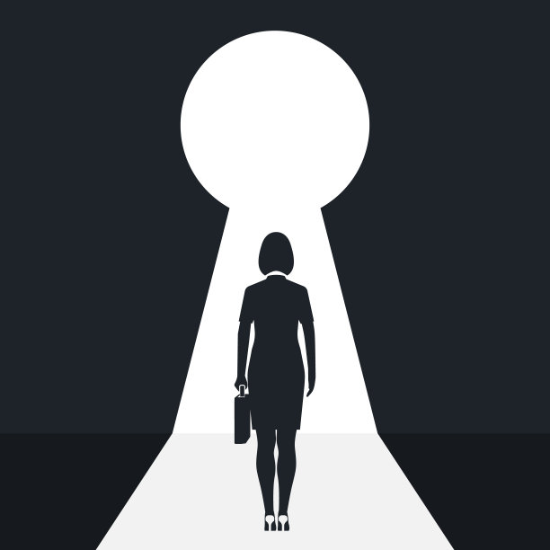 穿着西装的女商人剪影站在锁眼前图片下载