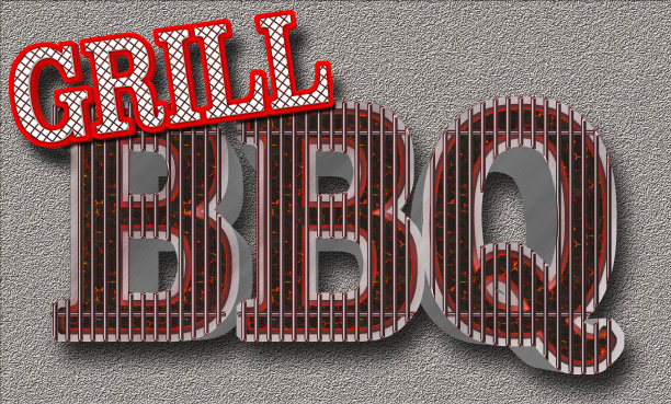 股票插图-烧烤烧烤，鲜红色的文字:烧烤，文字:烧烤形状的烧烤，大燃烧的煤炭烧烤，3D插图。图片下载