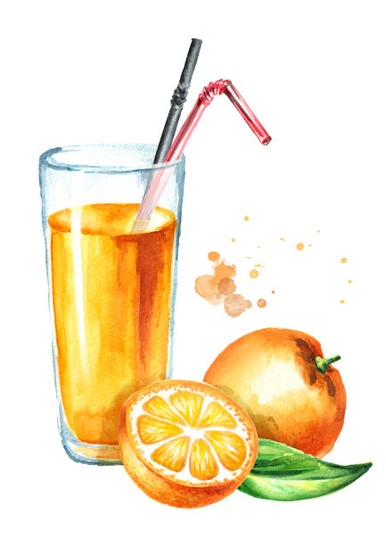 一杯橙汁。水彩手绘插图，孤立的白色背景图片下载