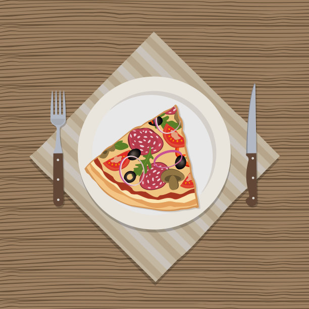 一片披萨和意大利腊肠放在盘子里。木制背景披萨图片下载